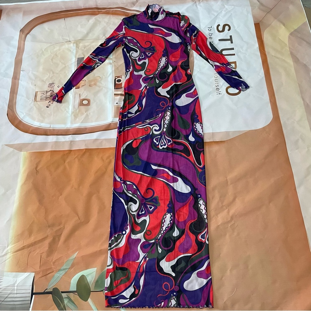 Emilio Pucci Purple and Red Abstract Print Long-Sleeve Maxi Dress